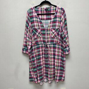Torrid Womens Pink Green Plaid V-Neck Half Zip Tie Long Sleeve Shirt Dress